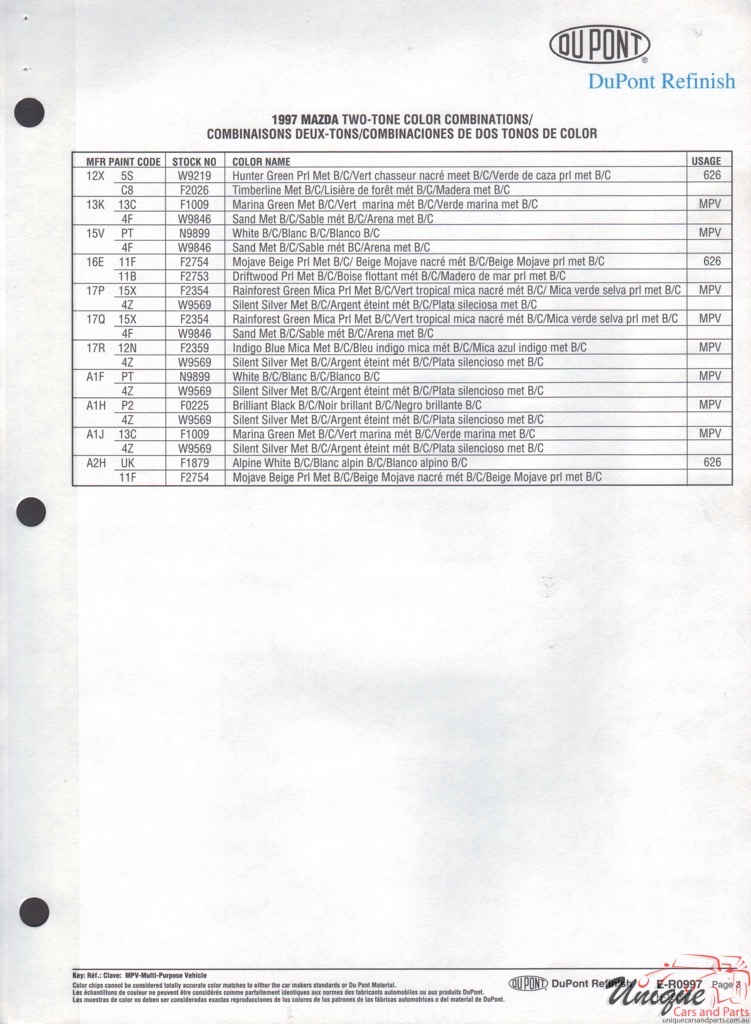 1997 Mazda Paint Charts DuPont 3